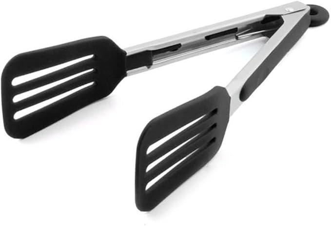 Cooking Tong 9 inches Stainless Steel Kitchen Silicone Serving Tong Heat Resistant Meat Turner Spatula Tongs Fish Tongs with Locking Handle Joint (Black)