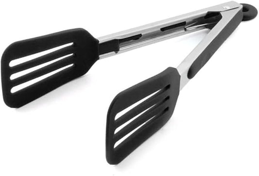 Cooking Tong 9 inches Stainless Steel Kitchen Silicone Serving Tong Heat Resistant Meat Turner Spatula Tongs Fish Tongs with Locking Handle Joint (Black)
