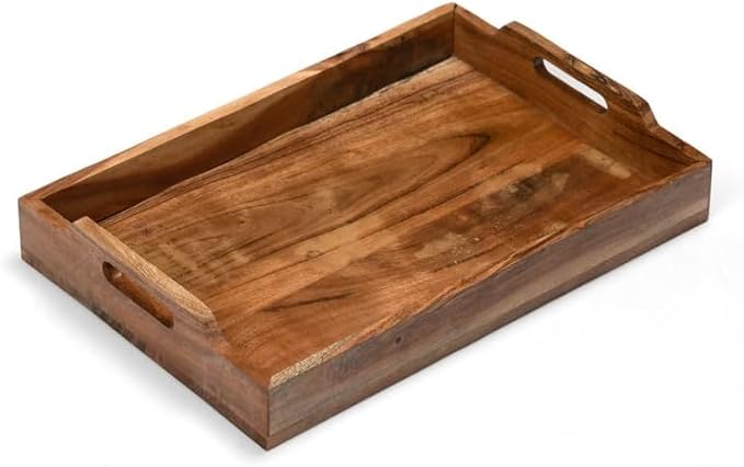 Acacia Wood Serving Tray - 12 Inch Brown Wooden Tray with Natural PU Coating for Kitchen and Dining