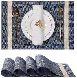 Leetaltree Dark Blue Vinyl Woven Placemats Set of 6 - Washable Dining Table Place Mats Striped, Suitable for Wedding, Anniversary, Daily Use