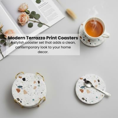 Terrazzo Coasters Set of 6, Ceramic Absorbent Drink Coasters, Cute Mid Century Boho Coaster, Coffee Table Desk Decor, Colorful Stone Coaster for Drinks