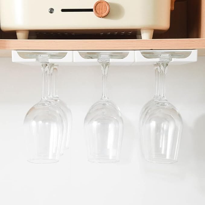 Wine Glass Holder Under Cabinet - 2 Pack Rack, Punch-Free Stemware Storage Hanger, Plastic Organizer for Bar, Self-Adhesive (Classic White)
