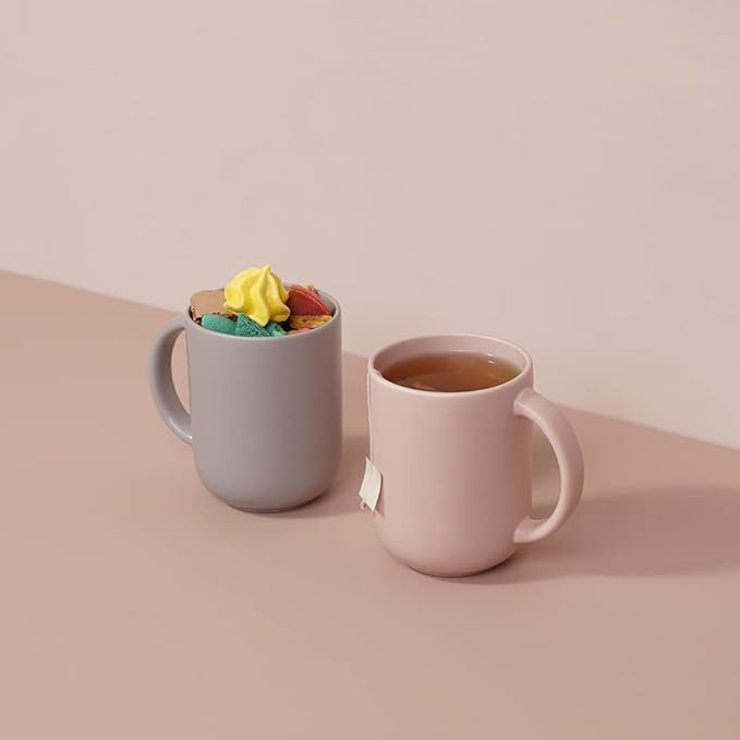 12 oz Ceramic Coffee Mugs, Set of 2 - Satin-Matte Finish, Minimal Modern Design, Comfort-Grip Handles, Microwave & Dishwasher Safe, Handmade in Korea (Rose)