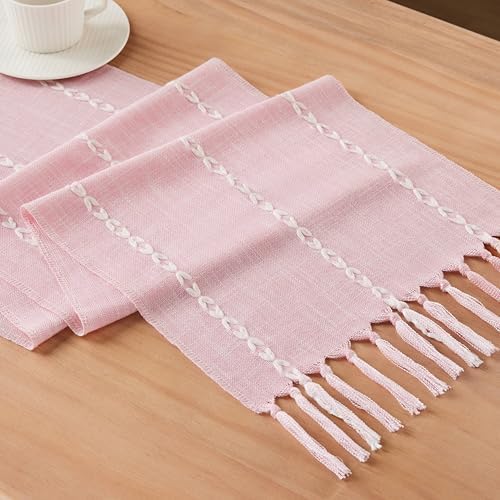 Braided Farmhouse Table Runner,Braided Pink 13x90 Inch, Cotton Linen Table Runners 90 Inches Long, Embroidered Striped Pink Boho Table Runner Rustic Home Decor