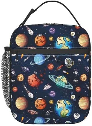 YETTA YANG Galaxy Spacecraft Astronaut Space Navy Blue Portable Lunch Bag Insulated Lunch Box Reusable Totes For Women Men Work Picnic Camping