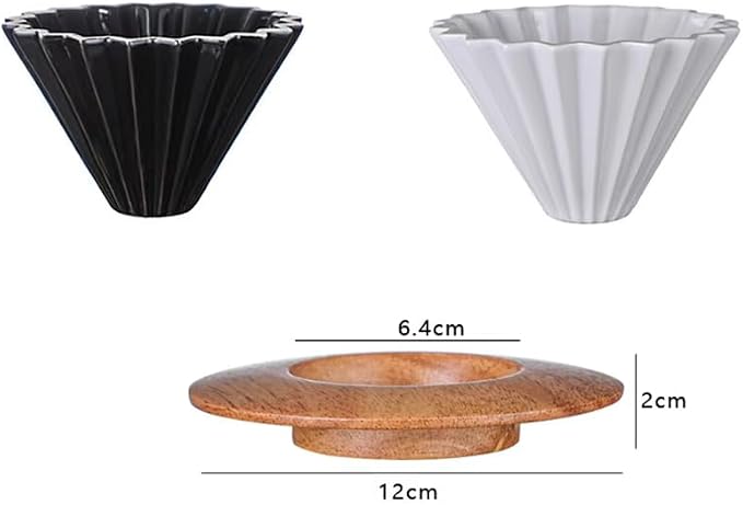 Ceramic Coffee Dripper,Pour Over Coffee Dripper with Wood Stand, Flower-shape for 1-2 Cups Slow Brewing Maker for Home Cafe,Includes Paper Filter Sheets (white)