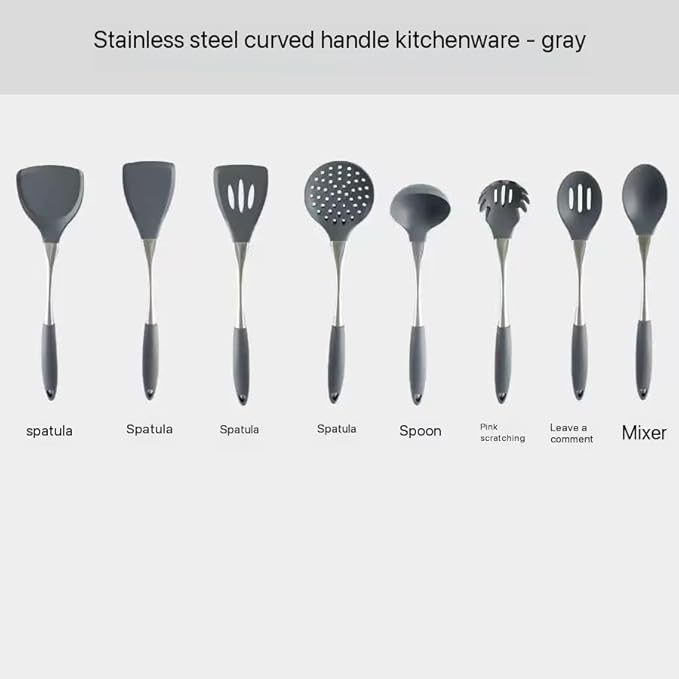8-Piece Silicone Kitchen Utensil Set, Grey & silvery 304 Stainlss Steel, Heat Resistant Cooking Tools with Comfort Handles- Includes Spatula & Spoon for Nonstick Cookware (Grey & silvery)
