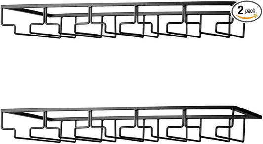 FOMANSH Wine Glass Rack - Under Cabinet Stemware Wine Glass Holder Glasses Storage Hanger 2 Pack Metal Organizer for Bar Kitchen 5 Rows Black