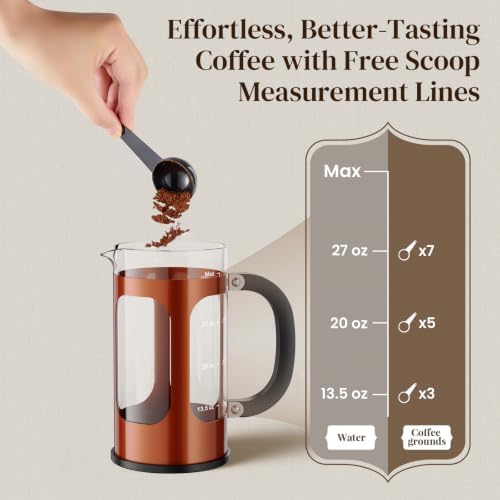 Veken French Press Coffee Maker,No Plastic Touching Cafe,34oz 1L Cafetera,Heat Resistant Thickened Borosilicate Glass Stainless Steel Brewer,Pot for Kitchen,Travel,Camping,Tea,Gifts,Copper (Pack of 2)
