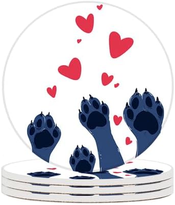 Ceramic Coasters Set of 4 Absorbent Stone Drink Coasters with Holder,Non-Slip Cork Backing,Heart Animal Claws Coasters for Coffee Table,Desk & Home Decor