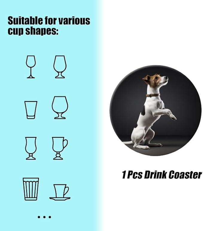 Ceramic Stone Coasters for Drinks Set of 1, White and Brown Jack Russell Terrier Dog Round Absorbent Cup Coasters Protection for Coffee Table Kitchen Counter Decor (4 * 4 Inch)