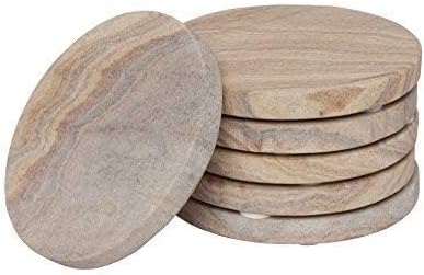 GoCraft Set of 6 Absorbent Sandstone Coasters – Natural Yellow Round Coasters for Drinks, Wine Glasses, Coffee, Barware, Mugs – Durable, Non-Slip, Easy to Clean – Ideal for Home, Office, Parties