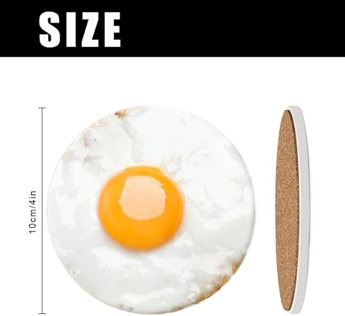 Ceramic Stone Coasters for Drinks Set of 1, Fried Soft-Boiled Eggs Round Absorbent Cup Coasters Protection for Coffee Table Kitchen Counter Decor (4 * 4 Inch)