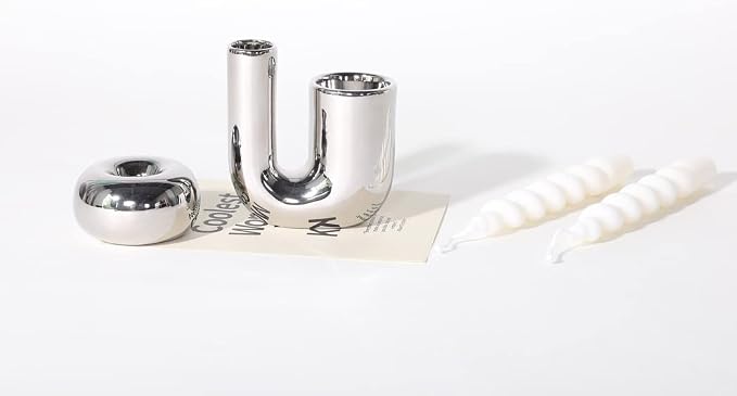 Silver Candlestick Holders, Decorative Taper Candle Holder Set Decor for Table Centerpiece Fireplace, Modern Silver Candle Holders Set, Aesthetic Ceramic Candle Stick Holder