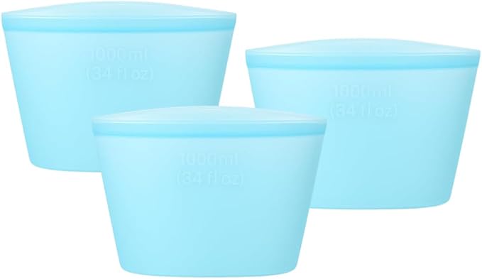 Reusable Silicone Food Storage Bags, 34 Fluid Ounces, 3-Pack, Leakproof, Freezer and Microwave Safe, Stand-Up Design, BPA Free, Dishwasher Safe (BLUE)
