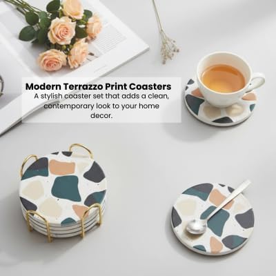 Terrazzo Coasters Set of 6, Ceramic Absorbent Drink Coasters, Cute Mid Century Boho Coaster, Coffee Table Desk Decor, Colorful Stone Coaster for Drinks