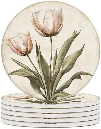 Ceramic Coasters Set of 6 Absorbent Stone Drink Coasters with Holder,Non-Slip Cork Backing,Retro Tulip Coasters for Coffee Table,Desk & Home Decor