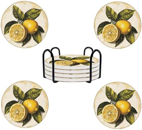 Ceramic Coasters Set of 4 Absorbent Stone Drink Coasters with Holder,Non-Slip Cork Backing,Lemon Coasters for Coffee Table,Desk & Home Decor