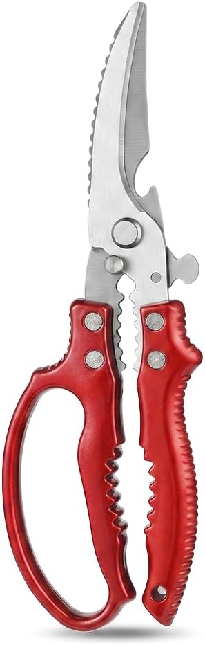 Heavy Duty Poultry Shears, Stainless Steel Kitchen Scissors, Multi-Purpose Kitchen Shears for Bone, Meat, Chicken, Fish, Turkey, Vegetables, Dishwasher Safe (Red)