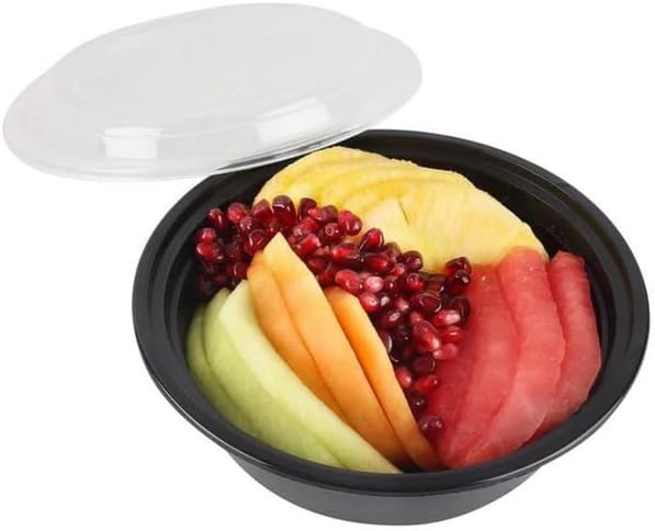 32oz Disposable Black Meal Prep/Bento Box with Clear Dome Lids - Round Plastic Meal Containers - Leak Proof and Reusable Box : Perfect For Salad, Meal Prep and Fruits : Set of 100