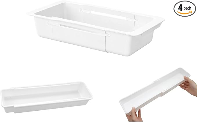 2 Pack Hanging Expandable Drawer Organizer with 2 Pack Non-Hanging Sliding Adjustable Storage Trays for Kitchen, Bathroom, Office, White