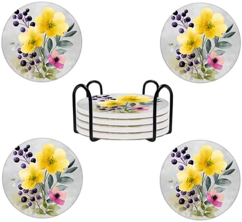 Ceramic Coasters Set of 4 Absorbent Stone Drink Coasters with Holder,Non-Slip Cork Backing,Yellow Flowers Coasters for Coffee Table,Desk & Home Decor