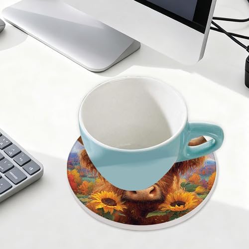 Highland Cow Coasters Set of 6, 4inch Coasters for Drinks Absorbent Stone with Holder Sunflower Decorations Ceramic Drink Coaster for Tabletop Protection, Coffee Table Decor for Home Decor