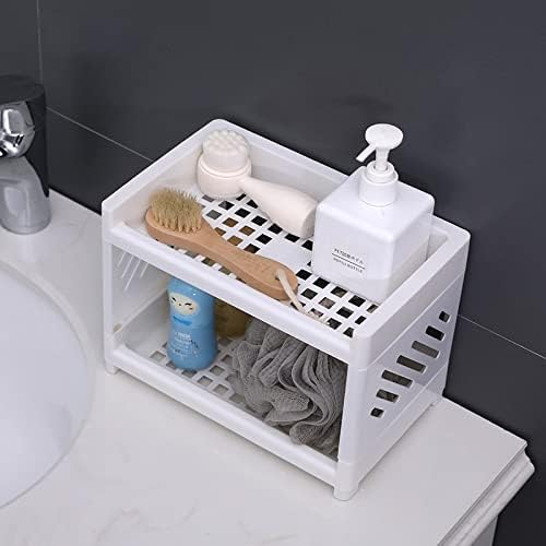 2 Tier Plastic Countertop Shelf Organizer Storage Rack, Multifunction Pantry Storage Organizer Kitchen Spice Rack Bathroom Tabletop Shelf Organizer (White)