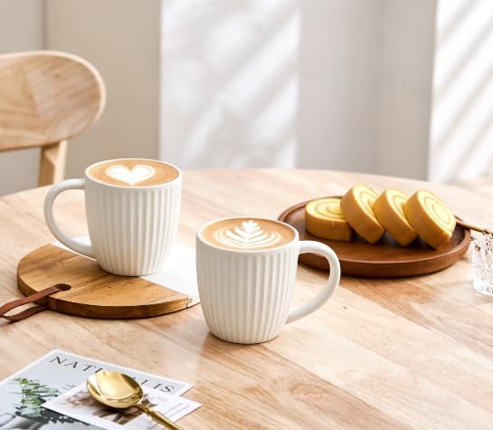 Embossed Ceramic Coffee Mug Set of 4-14 oz Vertical Striped Texture Tea Cups, White Porcelain Mugs with Large Handle for Latte, Cappuccino, Milk, Microwave & Dishwasher Safe