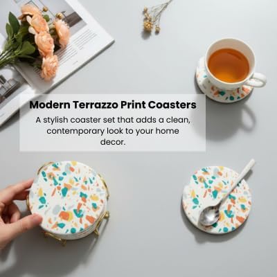 Terrazzo Coasters Set of 6, Ceramic Absorbent Drink Coasters, Cute Mid Century Boho Coaster, Coffee Table Desk Decor, Colorful Stone Coaster for Drinks