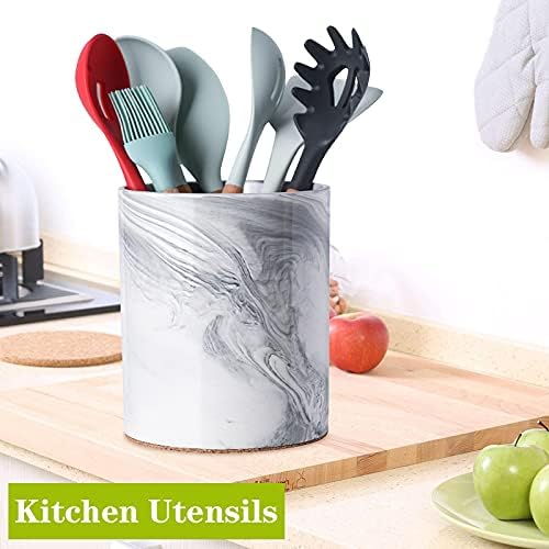 Yundu Porcelain Gray Marble Utensil Crock, Kitchen Utensil Holder for Countertop, 7″ Large Size for Storage,Table-Protection Cork Mat