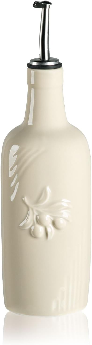 Sweejar Ceramic Olive Oil Dispenser Bottle, 17 FLOZ Oil Bottle with Spout，Porcelain Oil Dispenser for Kitchen,Cooking, Evoo, Vinegar, Soy Sauce, Pack of 1 (Beige)
