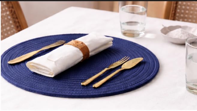 Round Placemats Set of 6 with Basket, 13" Cotton Woven Table Mats, Non-Slip Heat-Resistant, Washable Dining Chargers, Kitchen Hot Pads, Farmhouse Décor, Wedding & Holiday Use (Blue)