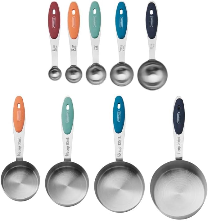 Farberware Stainless Steel Measuring Cups and Spoons Set - Retro Rainbow Design with Soft Grip Handles, Nested Storage Ring Included, Essential Kitchen Gadgets for Baking and Cooking, 9 Piece