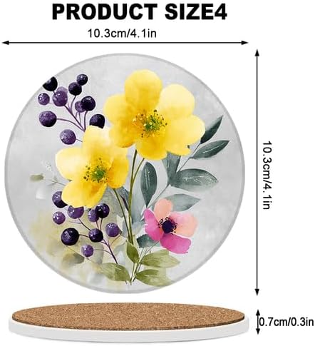 Ceramic Coasters Set of 4 Absorbent Stone Drink Coasters with Holder,Non-Slip Cork Backing,Yellow Flowers Coasters for Coffee Table,Desk & Home Decor