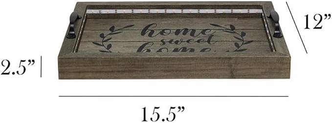 Elegant Designs HG2032-RGS Salento Farmhouse Rectangular Decorative LED Light Up Wooden Serving Tray w Metal Handles & Home Sweet Home in Black for Décor, Centerpiece, Breakfast, Bar, Rustic Gray