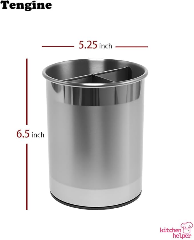 Stainless Utensil Holder 360° Rotating 6.5X5.25 Inch Utensil Crocks for Kitchen Counter with Removable Divider Bright