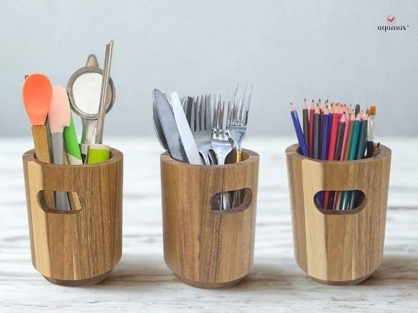 Acacia Wooden Utensil Holder | Kitchen Utensils Holder & Organizer for Countertop | Rustic Farmhouse Style Utensil Pot (Small 11×14.5cm)