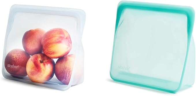Stasher Reusable Silicone Storage Bags, Food Storage Containers, Microwave and Dishwasher Safe, Leak-free, Stand Up - Mid (Clear) and Mega (Aqua)