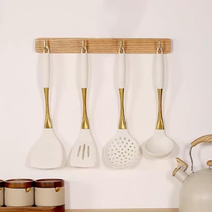 8-Piece Silicone Kitchen Utensil Set, White and Gold, Heat Resistant Cooking Tools with Comfort Handles- Includes Spatula & Spoon for Nonstick Cookware (Elegant White & Gold)