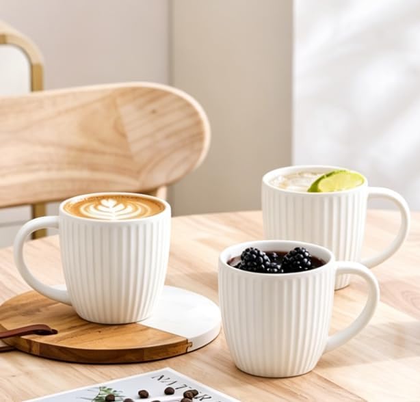 Embossed Ceramic Coffee Mug Set of 4-14 oz Vertical Striped Texture Tea Cups, White Porcelain Mugs with Large Handle for Latte, Cappuccino, Milk, Microwave & Dishwasher Safe