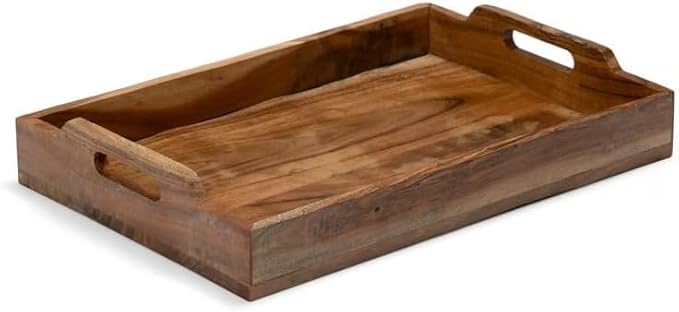 Acacia Wood Serving Tray - 12 Inch Brown Wooden Tray with Natural PU Coating for Kitchen and Dining