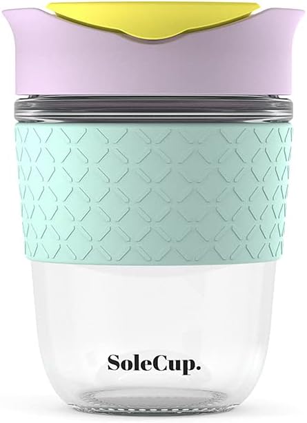 Reusable Strengthened Glass Travel Cup - Spill Proof Coffee Mug - 12oz/340ml BPA-Free Hot Drink Travel Mug with Lid & Silicone Band (Ice Cream, 12oz)