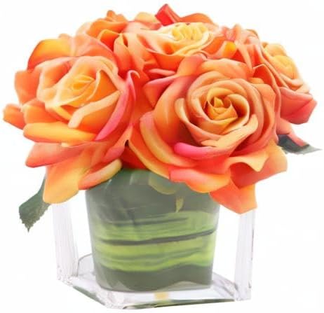Fule Artificial Velvet Rose Flower Centerpiece Arrangement in vase for Home Wedding Decoration (Orange)
