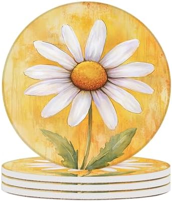 Ceramic Coasters Set of 4 Absorbent Stone Drink Coasters with Holder,Non-Slip Cork Backing,Beautiful Daisy Coasters for Coffee Table,Desk & Home Decor