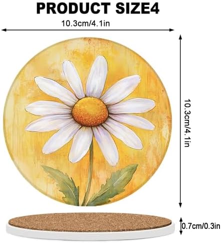 Ceramic Coasters Set of 4 Absorbent Stone Drink Coasters with Holder,Non-Slip Cork Backing,Beautiful Daisy Coasters for Coffee Table,Desk & Home Decor