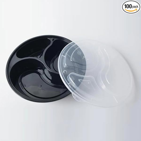48oz - 3 Compartment - Disposable Black Bento Box with Clear Dome Lids - Round Plastic Meal Containers - Reusable Box : Perfect For Salad, Meal Prep and Fruits : Set of 100
