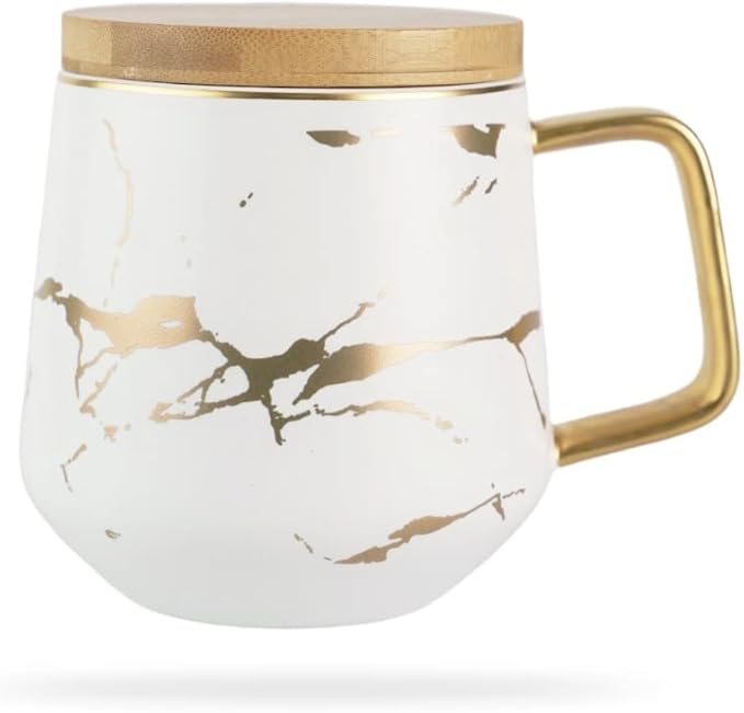 Classic Ceramic Kintsugi Style White Coffee Tea Mug with Gold Inlay, Spoon and Bamboo Lid- 12 OZ, Large Mugs for Men and Women, Unique Design, Perfect Novelty Gift- Dishwasher Safe