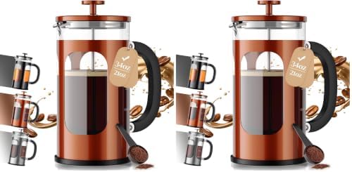 Veken French Press Coffee Maker,No Plastic Touching Cafe,34oz 1L Cafetera,Heat Resistant Thickened Borosilicate Glass Stainless Steel Brewer,Pot for Kitchen,Travel,Camping,Tea,Gifts,Copper (Pack of 2)