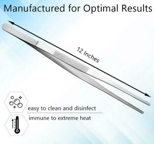 Professional Culinary Stainless Steel Precision Tongs with Serrated Tips, Plating/Food Presentation Detailing Serving Tongs, Chef's Kitchen Tweezer Tongs - Ultra Non-Slip Grip (12 Inch)
